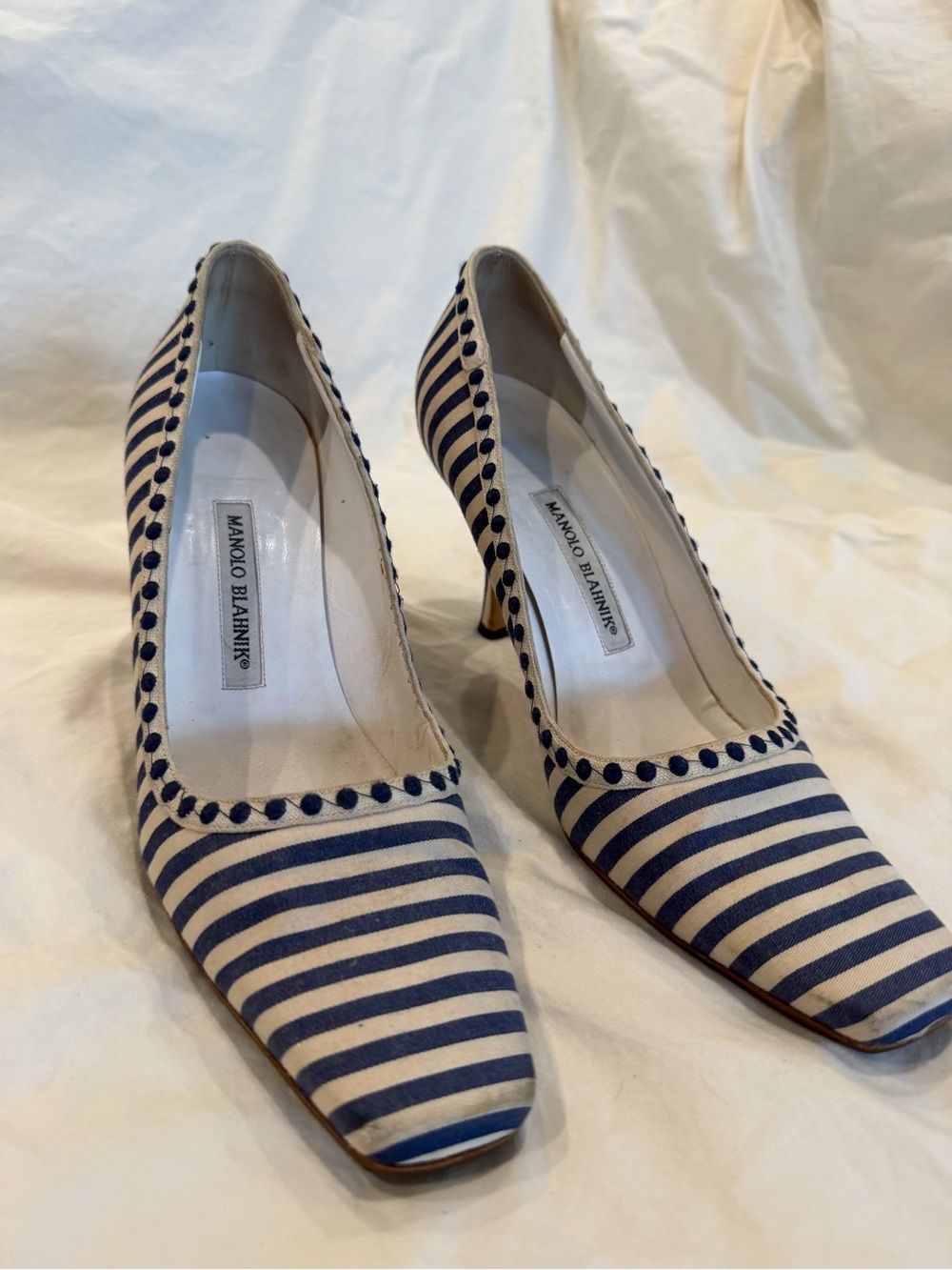 Manolo Blahnik Navy and White Striped Pointed Toe Pumps with Scalloped Trim